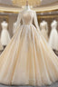 Champagne Ball Gowns Tulle Sequins Long Sleeve Backless Prom Dresses
