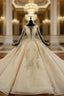 Champagne Ball Gowns Tulle Sequins Long Sleeve Luxury Wedding Dresses With Beading