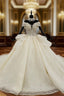 Champagne Ball Gown Tulle Sequins Off the Shoulder Wedding Dresses With Beading Sequins