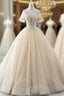 Champagne Ball Gowns Tulle Short Sleeve Backless Wedding Dresses With Beading