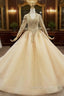 Champagne Ball Gowns Tulle V Neck Long Sleeve Wedding Dresses Wit Beading
