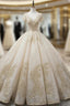 Champagne Ball Gown V-neck Backless Tulle Appliques With Beaded Wedding Dresses