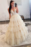 Champagne Beaded Spaghetti Strap Ruffle Tiered Ball Gowns