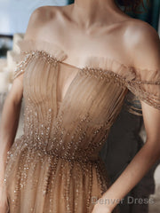 Champagne Beaded Tulle Straps Long Party Dresses, A-Line Tulle Formal Dresses Prom Dresses