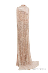 Champagne Beading Prom Dresses Sweep Train High Neck Zipper Sleeveless Evening Dresses