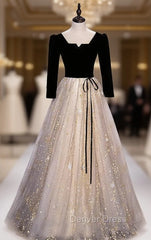 Champagne Black Tulle Short Sleeve Sequins prom Dresses