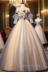 Champagne Blue Tulle Short Sleeve Backless Appliques Quinceanera Dresses