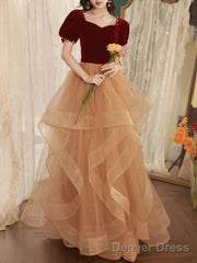 Champagne/Burgundy Tulle Long Prom Dresses, Champagne Formal Evening Dress
