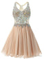 Champagne Chiffon Crystal V Neck Homecoming Dresses