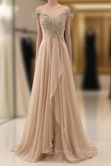 Champagne Chiffon Off The Shoulder Pleats Prom Dresses With Crystal
