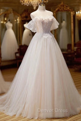 Champagne Floor Length Lace Long Prom Dresses, Off the Shoulder Evening Dresses