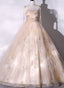 Champagne Floral Tulle Straps Sweetheart Long Prom Dress, Ball Gowns Sweet 16 Dresses