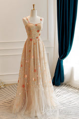 Champagne Floral Tulle Straps Sweetheart Wedding Party Dresses, A-Line Tulle Long Prom Dresses