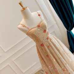 Champagne Floral Tulle Straps Sweetheart Wedding Party Dresses, A-Line Tulle Long Prom Dresses