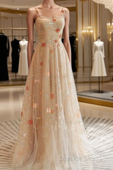 Champagne Floral Tulle Straps Sweetheart Wedding Party Dresses, A-Line Tulle Long Prom Dresses