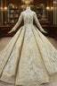 Champagne Gold Ball Gowns Lace Sequins High Neck Long Sleeve Wedding Dresses