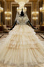 Champagne Gold Ball Gowns Tulle Sequins Cap Sleeve Backless Wedding Dresses
