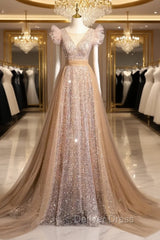 Champagne Gold Sequins Tulle Prom Dresses