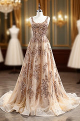 Champagne Gold Tulle Sequins Beading Prom Dresses