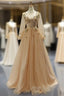 Champagne Gold Tulle Sequins Long Sleeve Appliques Prom Dresses
