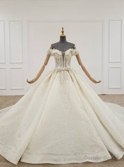 Champagne Gown Tulle Sequins Off the Shoulder Wedding Dress With Beading