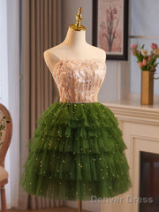 Champagne/Green Tulle Lace Short Prom Dress, Cute Homecoming Dress