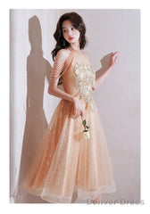 Champagne Halter Tea Length Shiny Tulle With Lace, A-Line Short Prom Dress