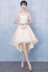 Champagne High Low Off Shoulder Tulle With Lace Prom Dress , Short Homecoming Dress