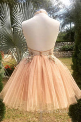 Champagne High Neck Tulle Lace Short Prom Dresses Tulle Formal Dresses
