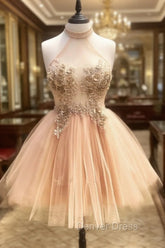 Champagne High Neck Tulle Lace Short Prom Dresses Tulle Formal Dresses