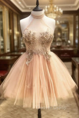 Champagne High Neck Tulle Lace Short Prom Dresses Tulle Formal Dresses