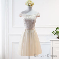 Champagne Lace Applique Off Shoulder Tulle Party Dress Homecoming Dresss