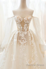 Champagne Lace Long A-Line Ball Gown, Off The Shoulder Evening Party Dress