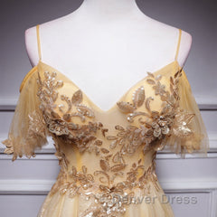 Champagne Lace Off Shoulder Long Party Dresses , Cute Tulle Formal Dresses Prom Dresses