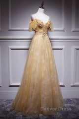Champagne Lace Off Shoulder Long Party Dresses , Cute Tulle Formal Dresses Prom Dresses