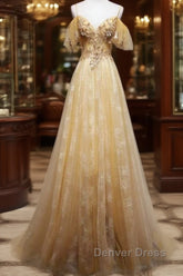 Champagne Lace Off Shoulder Long Party Dresses , Cute Tulle Formal Dresses Prom Dresses