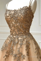 Champagne Lace Tulle Long Prom Dresses Formal Evening Dresses Ball Gown