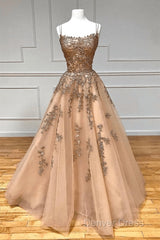 Champagne Lace Tulle Long Prom Dresses Formal Evening Dresses Ball Gown