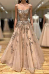 Champagne Lace Tulle Long Prom Dresses Formal Evening Dresses Ball Gown