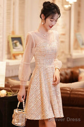 Champagne Long Sleeve Party Dress, Beautiful Knee/Tea Length Prom Dress