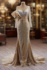 Champagne Mermaid Long Sleeve Beading Prom Dresses