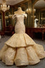 Champagne Mermaid Off the Shoulder Appliques Prom Dresses