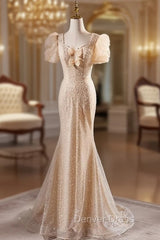 Champagne Mermaid Puff Sleeve Pearls Prom Dresses