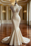 Champagne Mermaid Satin Beaded V Neck Long Ball Dress, Elegant Prom Dresses