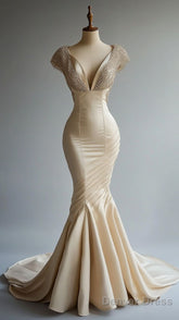 Champagne Mermaid Satin Beaded V-Neck Long Ball Dress, Elegant Evening Dress