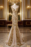 Champagne Mermaid Sequins Straps Prom Dress, Champagne Sequins Prom Dresses