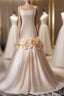 Champagne Mermaid Spaghetti Straps Pearls Flower Wedding Dresses