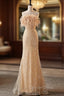 Champagne Mermaid Strapless Sequins Feather Prom Dresses