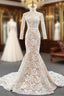 Champagne Mermaid Tulle Lace Flower Long Sleeve Prom Dresses