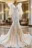 Champagne Mermaid Tulle Long Sleeve Appliques Prom Dresses